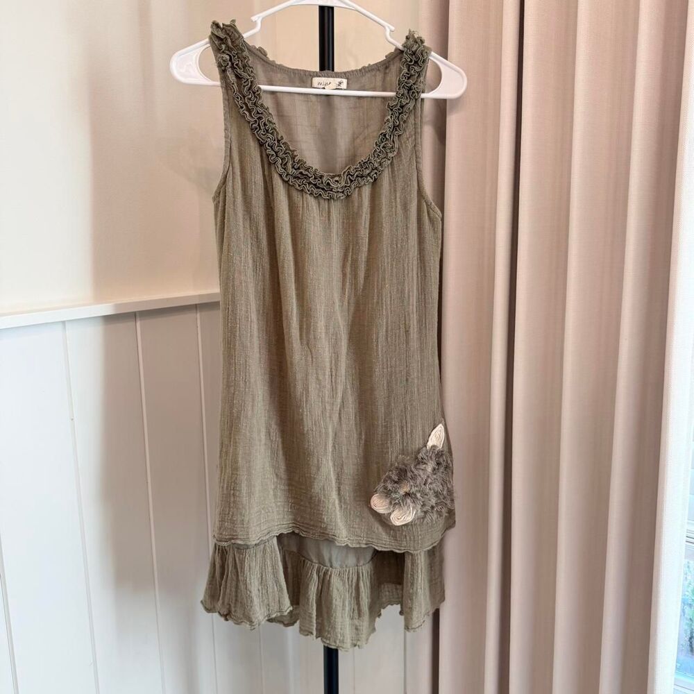 Olive Gauze Layered Tunic Dress Floral Applique Boho Lagenlook